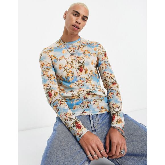 ASOS Design | Men | Rococo Floral Angels LS Sheer Mesh Muscle Shirt | Size Small - Picture 12 of 12